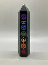 Load image into Gallery viewer, Black Obsidian Tower with Seven Chakra Engravings