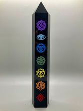 Load image into Gallery viewer, Black Obsidian Tower with Seven Chakra Engravings
