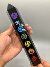 Load image into Gallery viewer, Black Obsidian Tower with Seven Chakra Engravings
