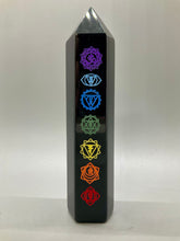 Load image into Gallery viewer, Black Obsidian Tower with Seven Chakra Engravings
